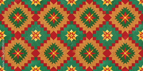 Vibrant geometric pattern featuring stars and flowers in green, red, and gold tones.