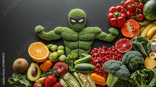 A superhero made of fruits and vegetables, symbolizing the power of vitamins.