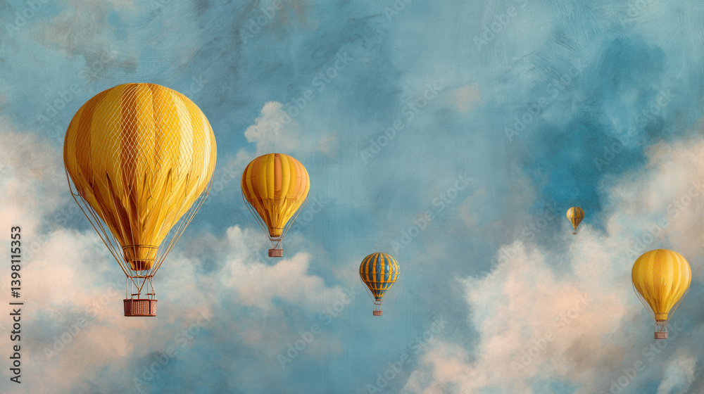 Obraz premium Several yellow hot air balloons gracefully float through a bright blue sky adorned with fluffy clouds, creating a whimsical atmosphere