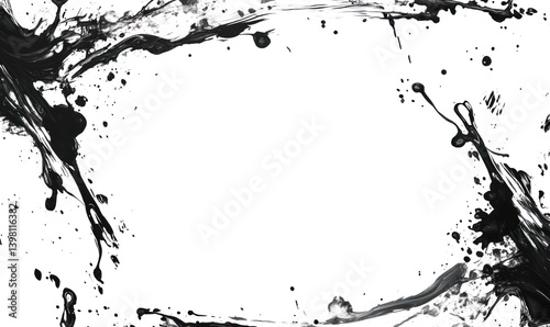 Grunge Ink Frame with Splatter and Brush Isolated on Transparent Background