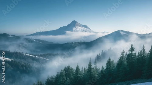 Stunning panoramic view of mountain summit and winter pine forests with layers of misty fog, snow-covered evergreens, azure sky, and nature, featuring undulating hills and refreshing winter air.