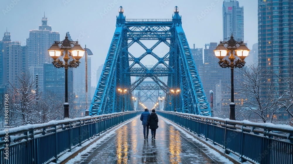 Fototapeta premium Snowy Bridge Stroll in Cityscape