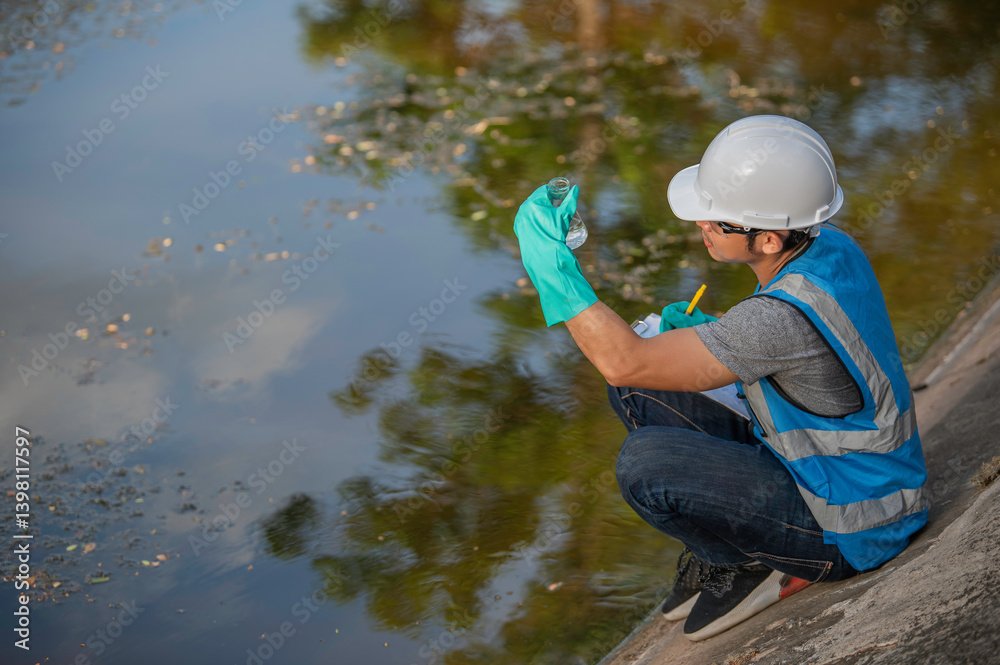 Fototapeta premium Environmental engineers inspect water quality,Bring water to the lab for testing,Check the mineral content in water and soil,Check for contaminants in water sources.