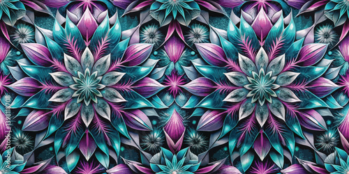 Vibrant floral design with intricate teal and purple patterns on a dark background.