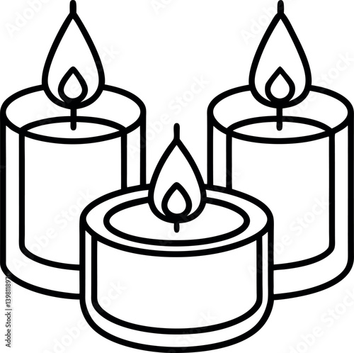 Three Burning Candles Black and White Outline Style Decorative Light Symbol Design