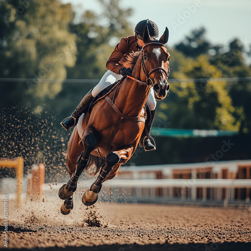 Equestrian rider in motion on a galloping horse during a competitive event in an outdoor arena at sunset