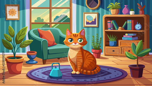 Ginger cat sitting on floor in cozy living room. Interior decor
