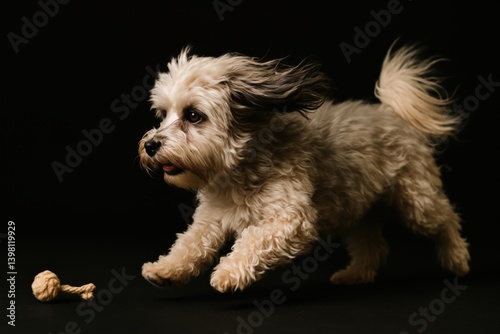 Cute fluffy dog running towards a bone on a dark background.