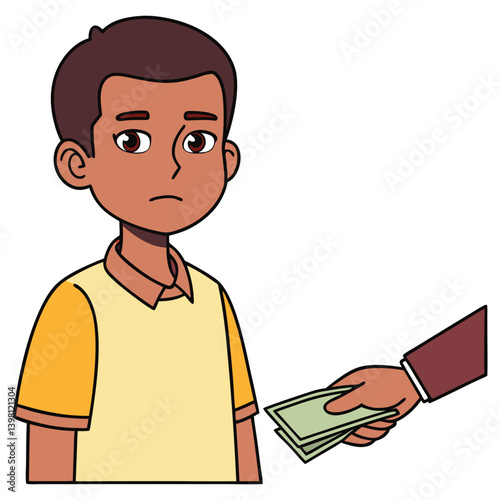 Cartoon Man Receiving Money from Hand with Green Bills on White Background