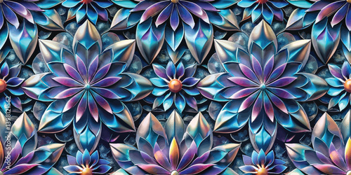 Colorful geometric floral pattern with vibrant blue and purple hues.