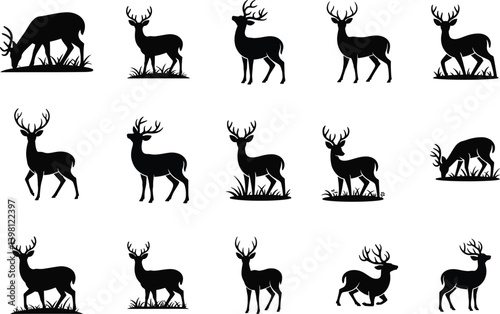 Deer Silhouettes, Elegant Stag and Wildlife Vector Icons in different poses