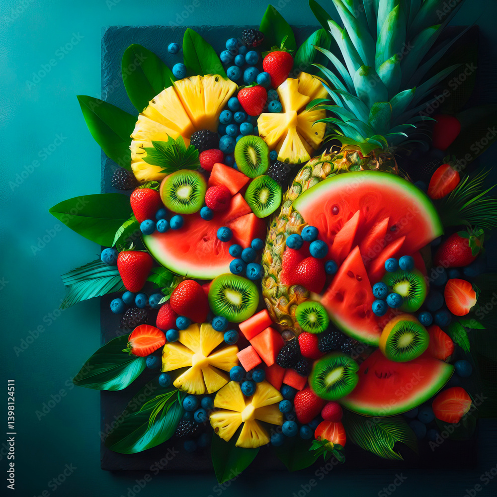 High-angle, close-up view of a vibrant arrangement of various fruits on a dark slate-colored surface.
High-angle, close-up view of a vibrant arrangement of various fruits on a dark slate-colored surface.