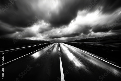 Dramatic black and white photograph of a wet highway under a stormy sky, evoking a sense of solitude