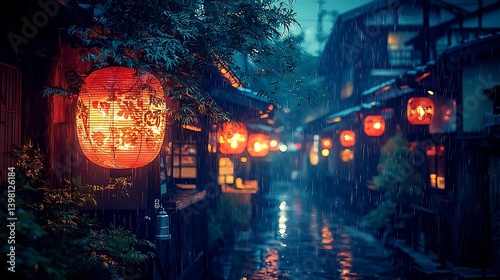 Rain-drenched Japanese alley at night