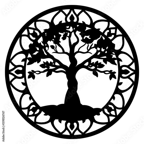 Circular Tree of Life Mandala Design Black and White Illustration