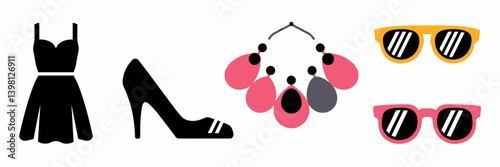 Flat vector icons of dress, high heel, necklace, and sunglasses – Ideal for fashion apps, online boutiques, or style blog graphics