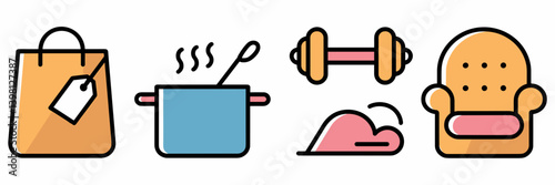 Flat icon set of shopping, cooking, exercise, and relaxation – Ideal for lifestyle mobile apps, productivity visuals, or modern living blogs