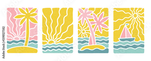 Vintage boho groovy palm tree beach sun sea covers set. Surf club vacation and sunny summer day aesthetic. Vector flat illustration background in trendy retro naive simple style with grungy texture