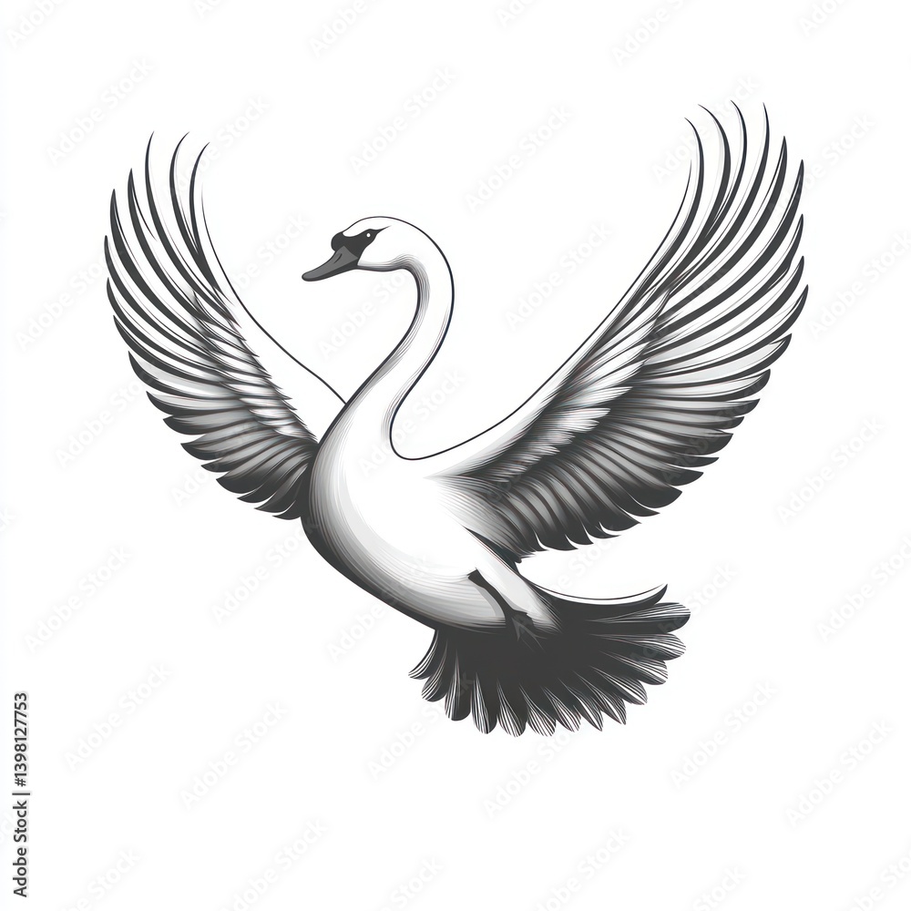 Fototapeta premium Graceful swan in flight, wings outstretched.