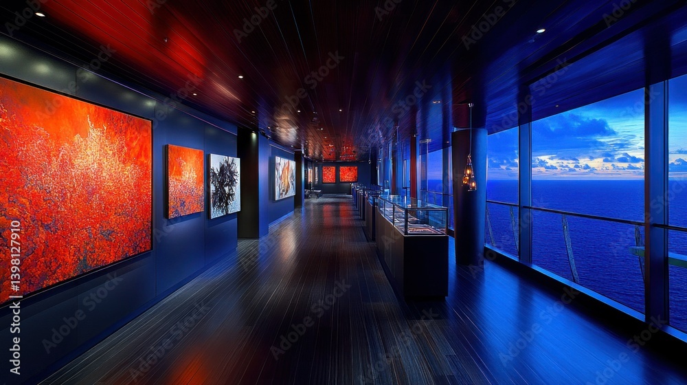 Modern art gallery hallway with ocean view Modern art gallery hallway with ocean view