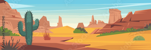 Canyon and desert vector scene with cacti and sand dunes – Ideal for travel editorials, eco-tourism content, or desert-themed designs