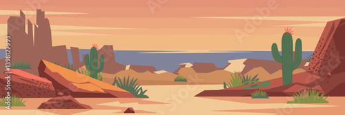 Desert canyon landscape with cacti, textured rocks, and sand dunes