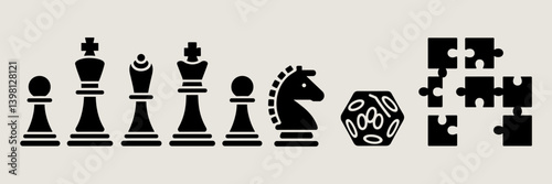 Scattered board game icons with full chess set, die, and jigsaw puzzle pieces