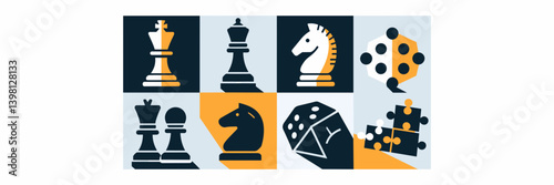 Board game icon grid with chess set, jigsaw puzzle, and six-sided die on white background