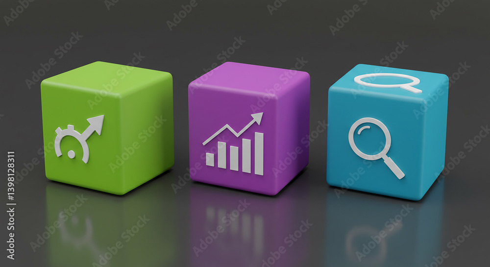 Three colorful cubes displaying business icons on a reflective surface in a studio setting Three colorful cubes displaying business icons on a reflective surface in a studio setting