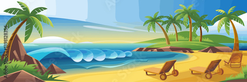Vector beach scene with golden sand, palm trees, waves, and sun loungers