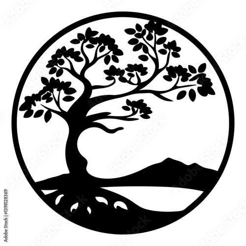Silhouette of a Bonsai Tree with Mountains and Water in a Circle Design
