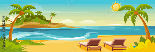 Vector illustration of tropical beach with palm trees, waves, and sun loungers