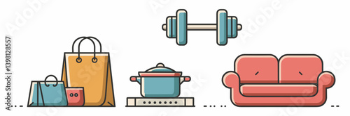 Everyday lifestyle vector icons with grocery bag, pot on stove, dumbbell, and couch – Great for home living articles, wellness infographics, or decor blogs