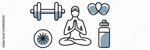 Circular wellness icons with yoga, dumbbell, and water bottle