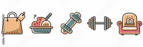 Everyday life icon set with shopping bag, frying pan, dumbbell, and chair with book – Great for lifestyle infographics, self-care blogs, or wellness apps