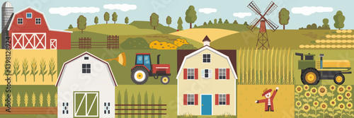 Vector icon set of countryside landscape with barns, fields, and farm equipment