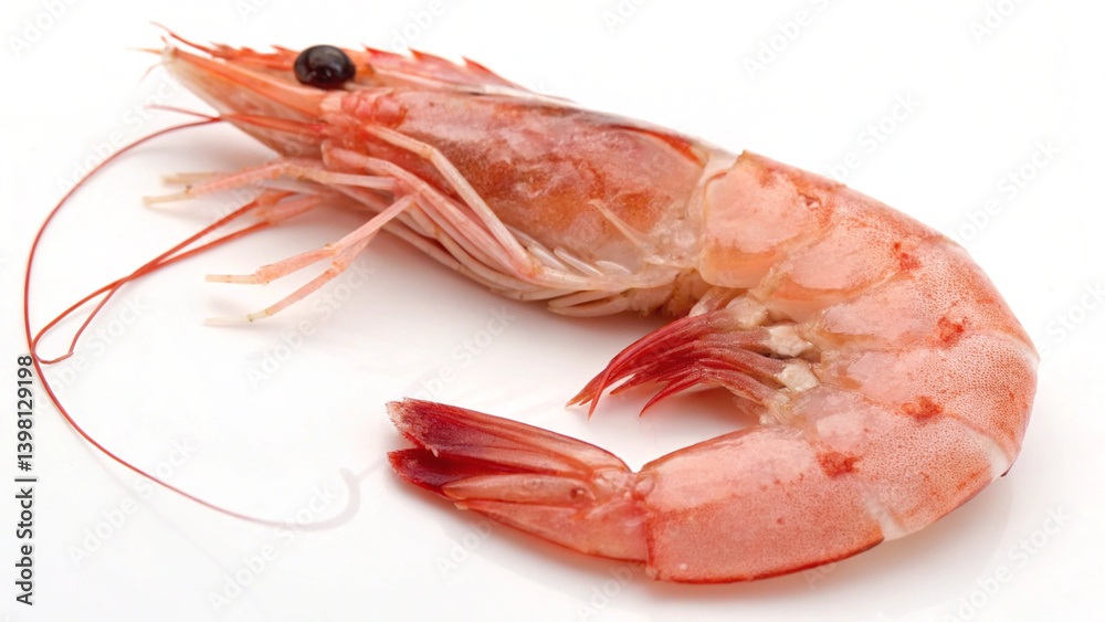 Against a plain white backdrop, a single raw shrimp showcases its segmented body, delicate legs, and prominent antennae. Against a plain white backdrop, a single raw shrimp showcases its segmented body, delicate legs, and prominent antennae.