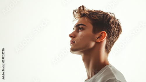 A young man in casual, The side view, isolated on a white background