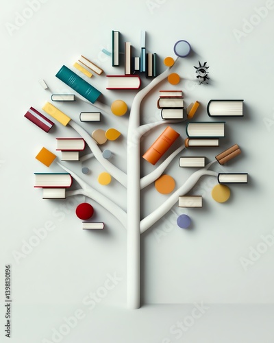 Creative concept of learning tree with books as branches, knowledge expansion