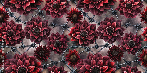 Vibrant red flowers intertwined with barbed wire, creating a striking contrast.