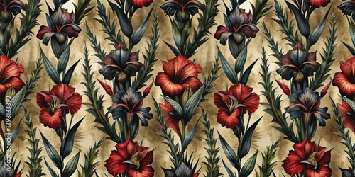 Flowery vintage pattern featuring vibrant red and dark blooms with green foliage.