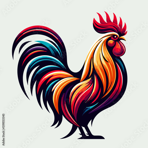 Vibrant illustration of a rooster with flowing feathers and dynamic colors