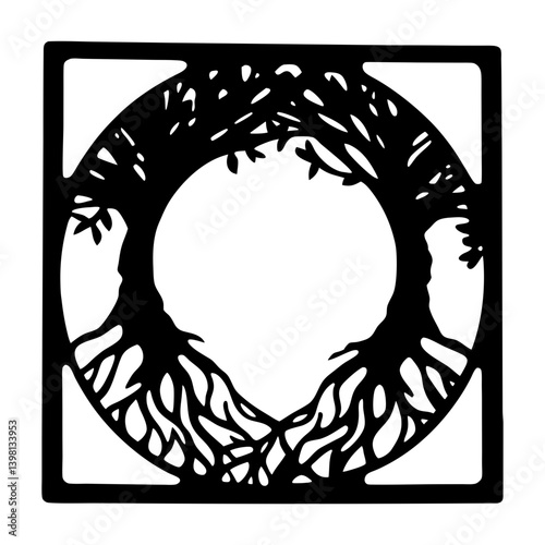 Circular Tree of Life Framed Design Intricate Roots and Branches Nature Symbolism Black and White Illustration