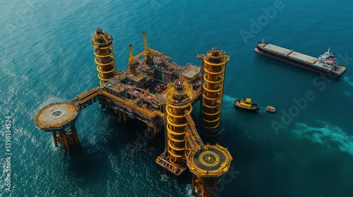 High-resolution top-down aerial shot of Chinese gas field installation, three main platforms linked by steel bridges and equipped with iron towers.