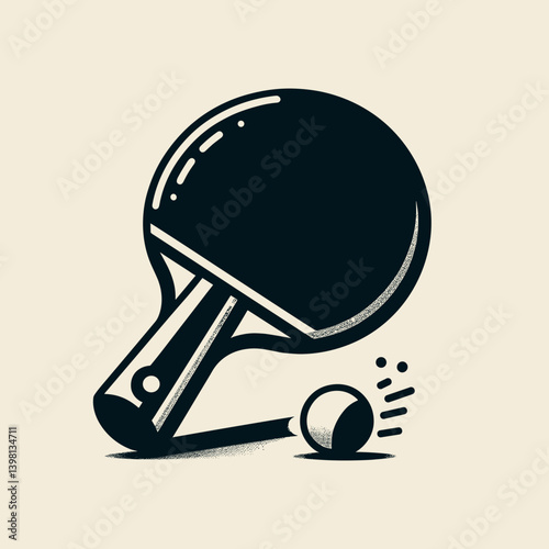 Stylized illustration of a table tennis paddle and ball in a minimalistic design