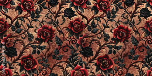 Vintage floral pattern featuring deep red roses and intricate black vines.