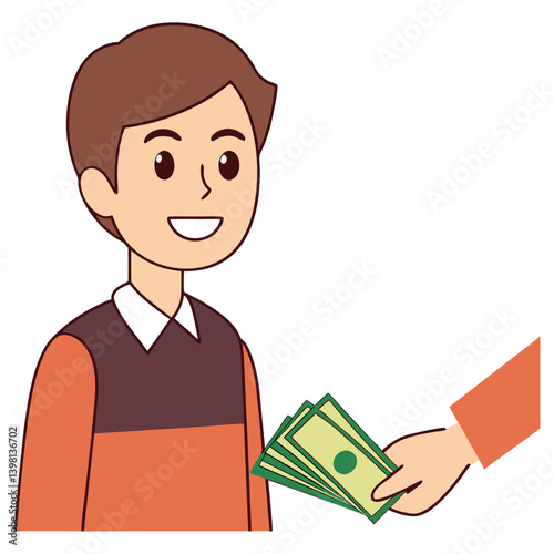 Cartoon man smiling receiving green money with transparent background design