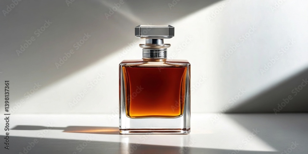 Elegant perfume bottle with warm amber liquid, highlighted by soft shadows and light. Elegant perfume bottle with warm amber liquid, highlighted by soft shadows and light.