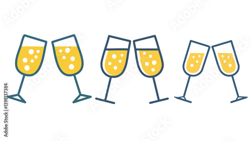 A minimalist line-art illustration of two champagne glasses clinking together, symbolizing a toast or celebration. The glasses are filled with bubbles, adding a festive touch to the design