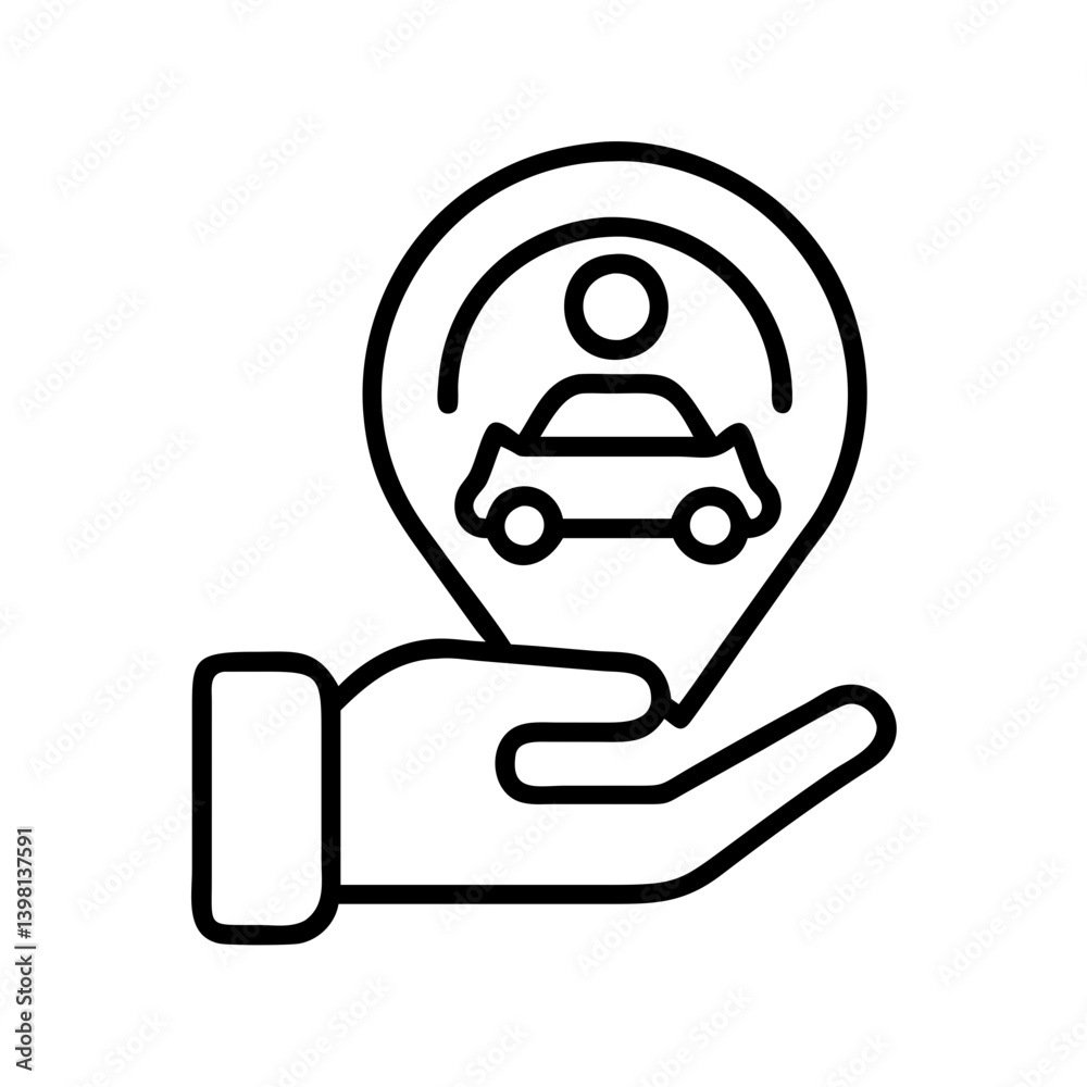 Car sharing location service icon with hand offering vehicle transport app map Car sharing location service icon with hand offering vehicle transport app map